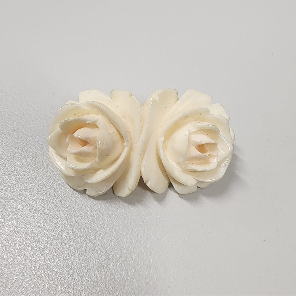 Vintage Carved Rose Brooch Creamy Off-White Double Flower Floral Pin Victorian